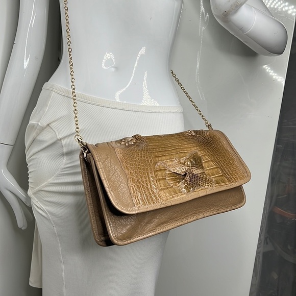 Carlos Falchi Exotic Crocodile Alligator and Leather Snap Envelope Clutch Bag
